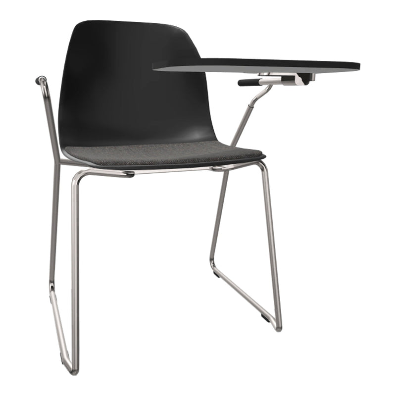 Black plastic chair with a gray fabric seat and a sleek chrome base, featuring a black tabletop for a modern look.