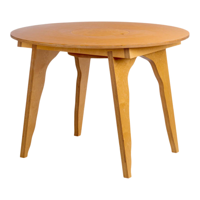 Round wooden table with a natural light wood finish and smooth, simple lines. Perfect for minimalist decor.