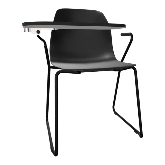 Black chair with smooth gray seat and sleek metal legs, featuring a minimalist design and modern aesthetics.