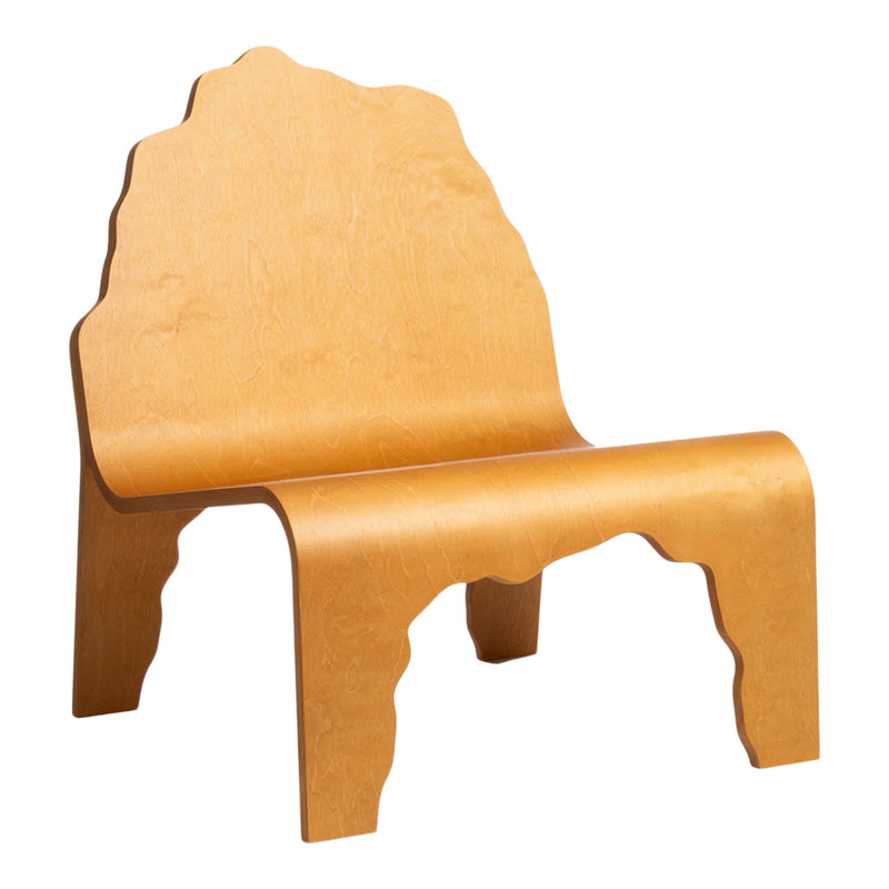 Natural wood-toned chair with a wavy design, featuring a smooth texture and minimalist shape. Ideal for modern decor.