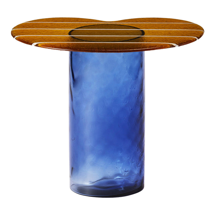 Blue glass base with a round wooden top featuring light and dark stripes. Unique and modern design.