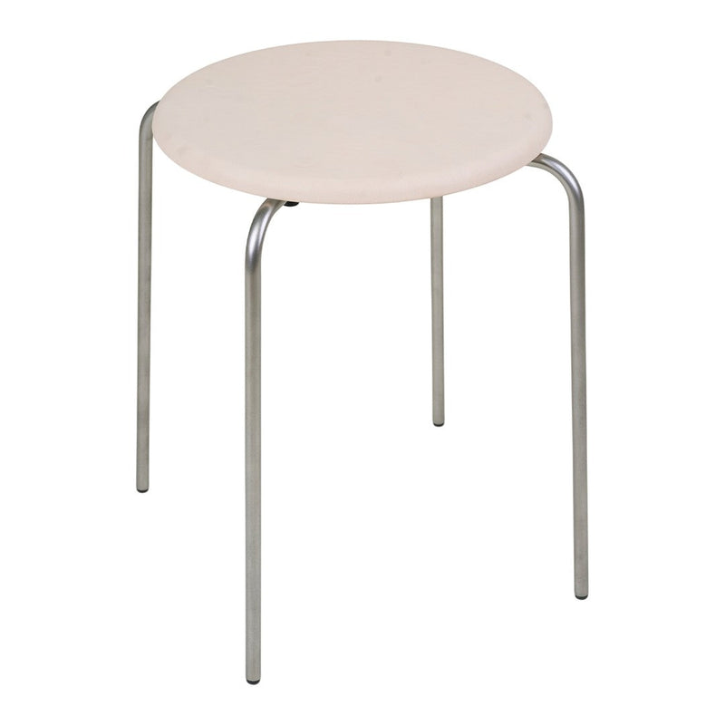 Light beige round stool with a simple design and silver metal legs. Ideal for various decor styles.