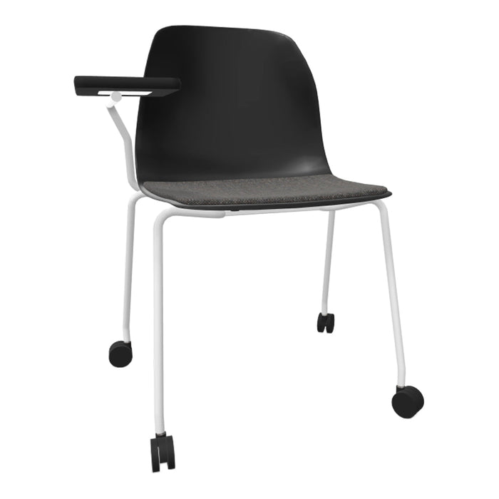 Black chair with a dark grey seat and white legs, featuring a minimalist design. Perfect for modern spaces.