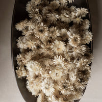 Creamy white floral arrangements in an oval black dish, creating a soft, elegant pattern on a neutral background.