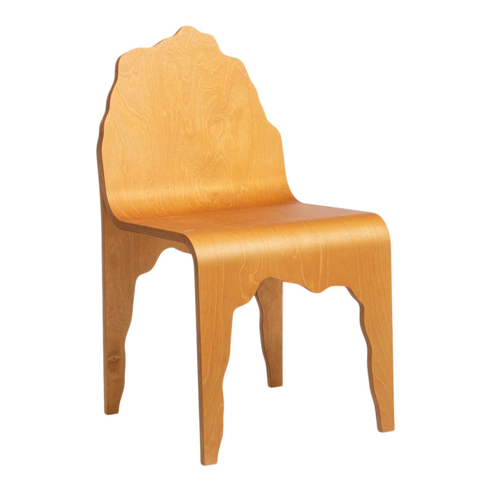 Natural wood chair in warm honey tones with a smooth finish and wavy cut-out design on the backrest.