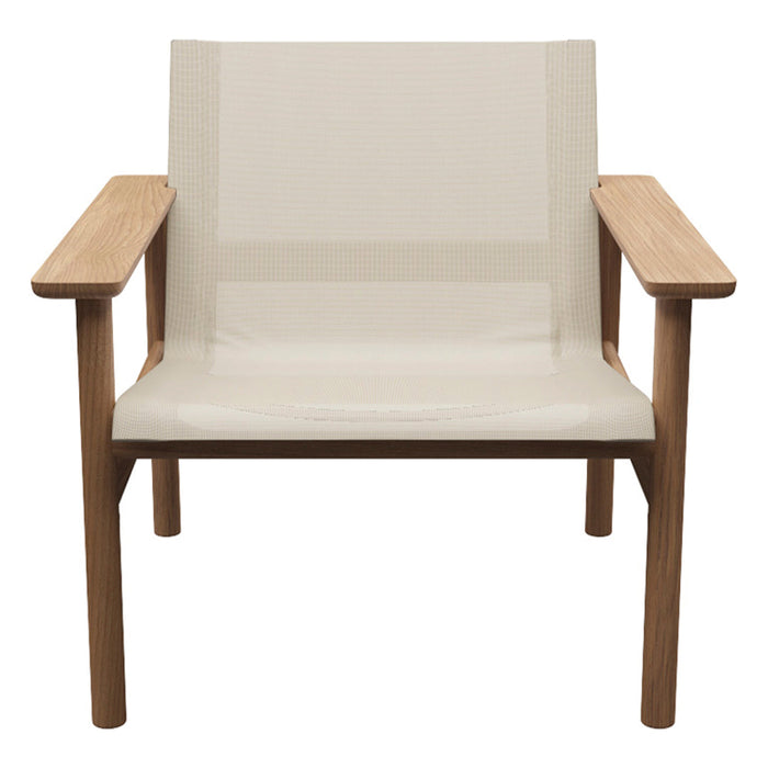 Beige checkered pattern fabric chair with light wood arms and legs, showcasing a modern, minimalist design.