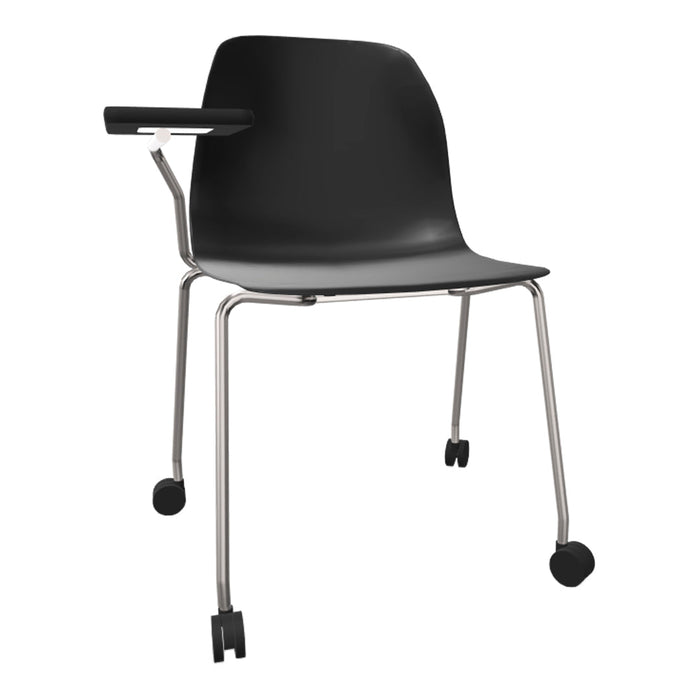 Black chair with a sleek design, featuring a shiny chrome frame and smooth rolling casters for modern functionality.