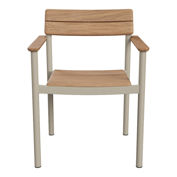 Wooden chair with natural beige seat and light gray metal frame; minimalist design with sleek, modern lines.