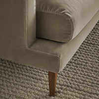 Light taupe velvet sofa with clean lines and wooden legs, paired with a textured gray woven rug.