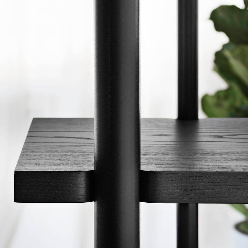 Black wood shelf with smooth texture and minimalistic design, featuring sleek lines and a contemporary aesthetic.