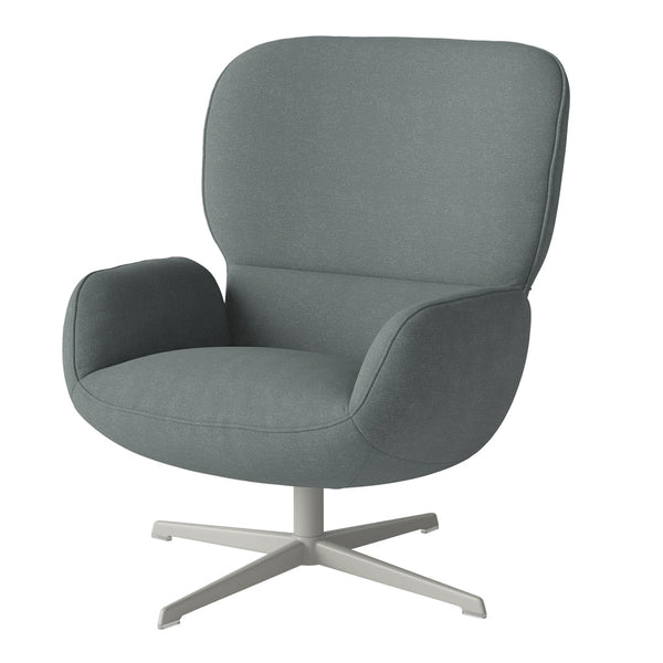 Soft gray upholstered chair with a smooth texture and subtle pattern on a sturdy white base. Ideal for modern decor.