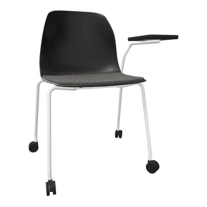 Black chair with a gray upholstered seat and white metal legs, featuring a minimalist design and black armrest.
