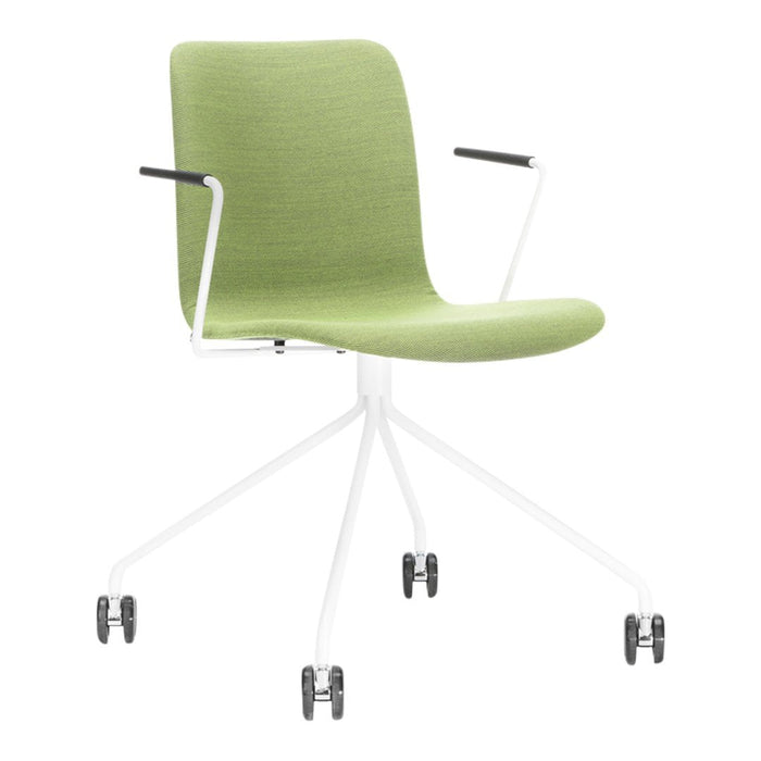 Modern green chair with a smooth texture, featuring a white base and sleek black armrests, on rolling wheels.