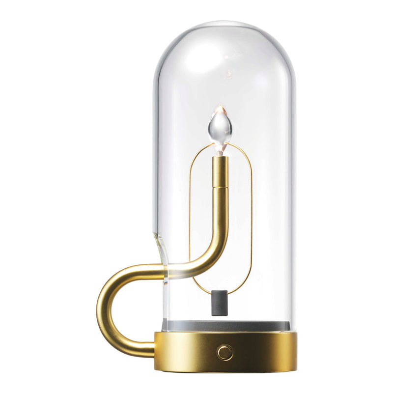 Clear glass lamp with gold accents and a sleek, modern design, featuring a minimalist aesthetic and elegant curves.