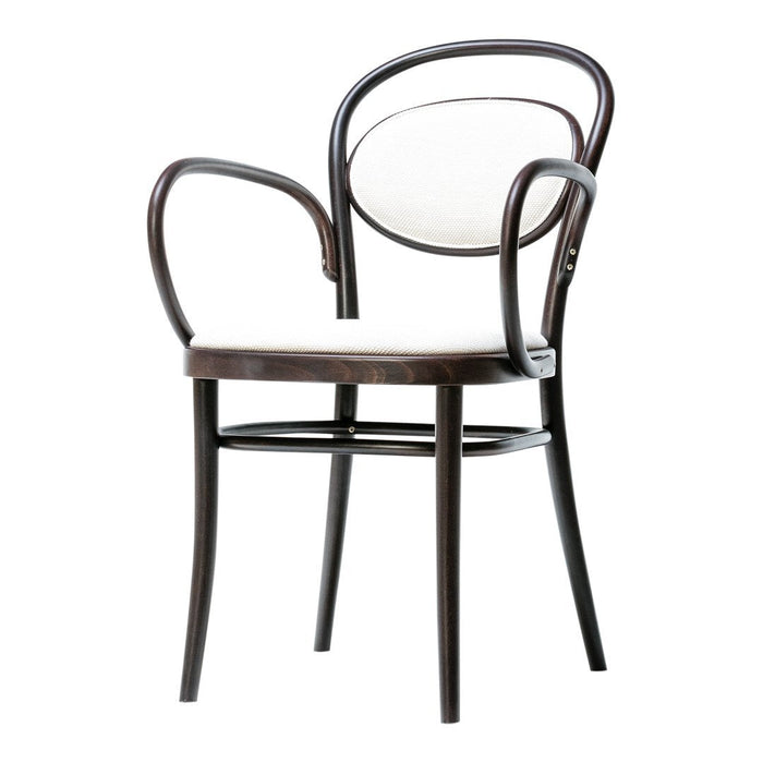 Brown wooden chair with curved arms and a white upholstered seat, featuring a smooth, minimalist design.