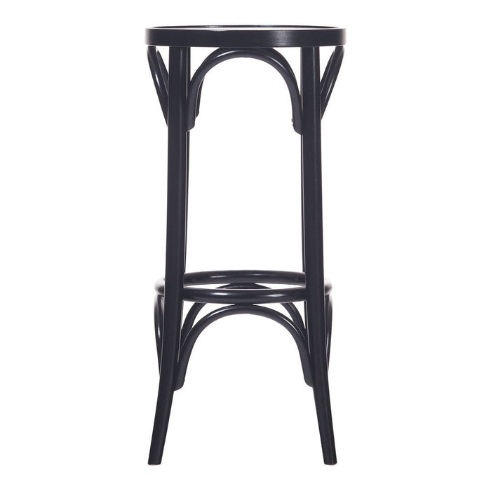 Black wooden bar stool with curved patterns and a sleek, minimalist design. Perfect for modern decor.