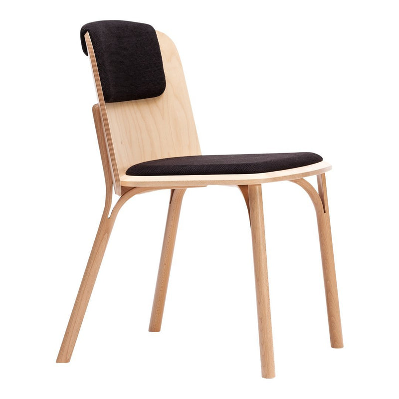 Wooden chair with a natural oak finish, featuring a sleek black upholstered seat and backrest. Modern minimalist design.