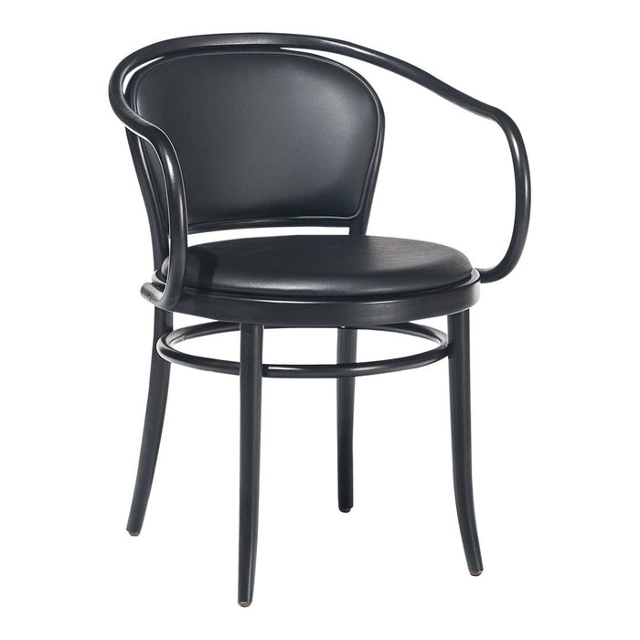 Black upholstered dining chair with a smooth, minimalist design and curved armrest accents. Perfect for modern decor.