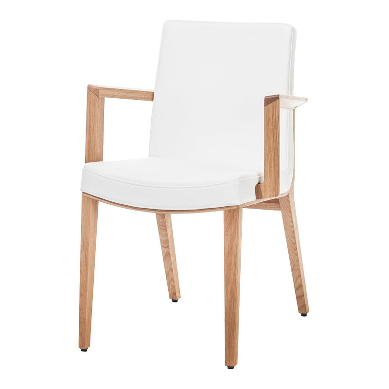 Modern white chair with wooden frame, featuring clean lines and minimalist design. Perfect for contemporary spaces.