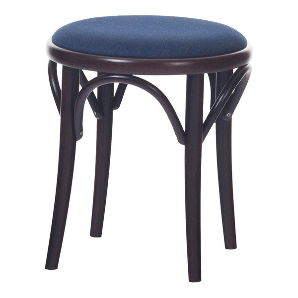 Navy blue upholstered round stool with dark wood curved legs. Elegant and modern design perfect for any space.