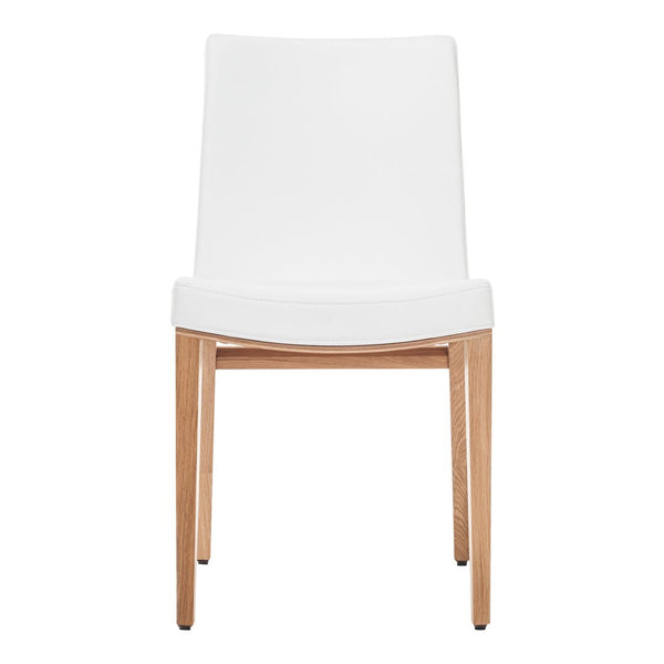 Sleek white chair with a smooth surface and natural wood legs, perfect for modern decor.