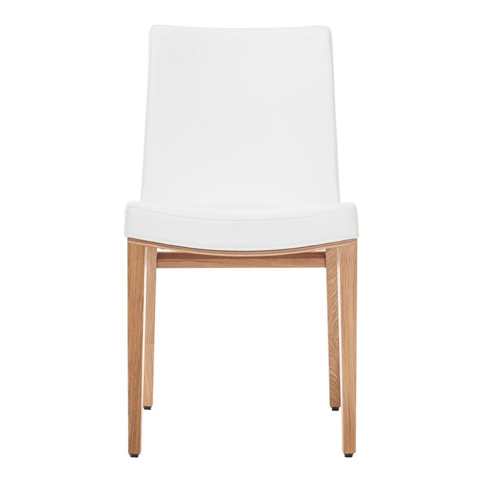 White modern chair with light wood legs, minimalist design, no patterns, perfect for contemporary decor.