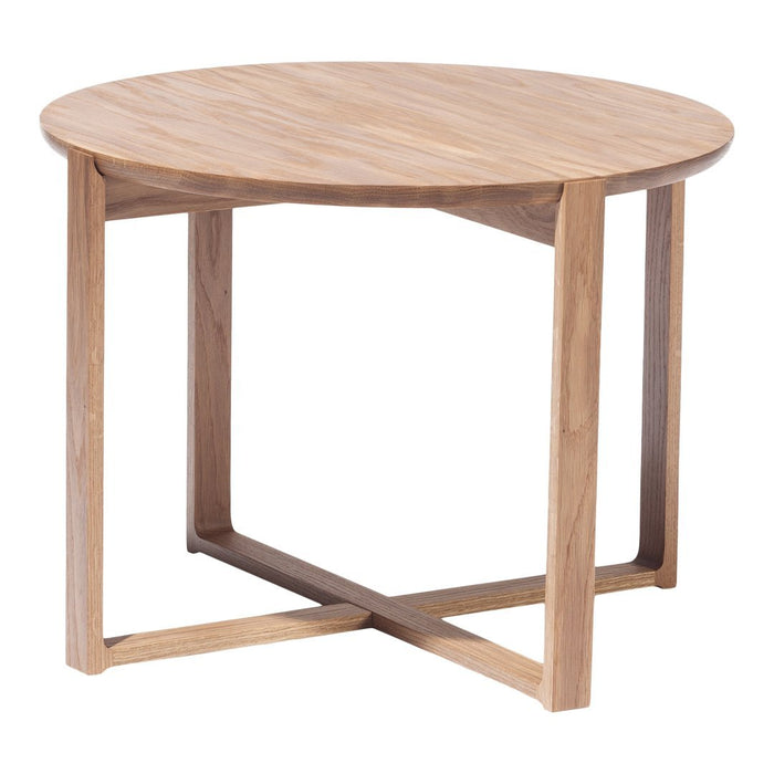 Round wooden coffee table with a natural finish and minimalist design, featuring light beige tones and smooth, clean lines.