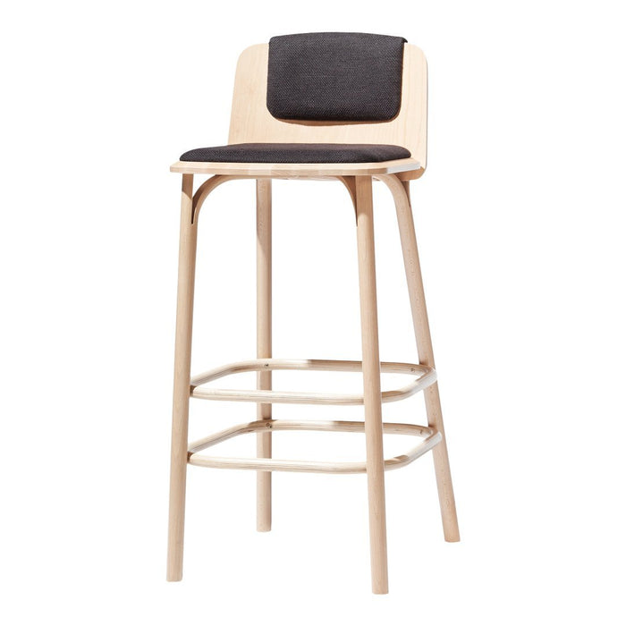 Natural wood barstool with a sleek black cushion and clean lines, perfect for modern decor.