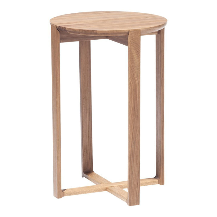 Natural wood finish with a sleek, round top and minimalist design, showcasing light brown tones and smooth texture.