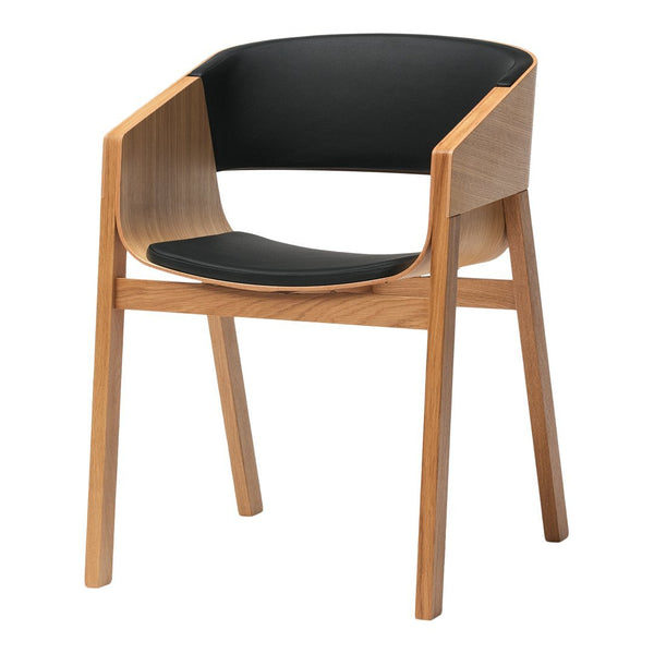 Black upholstered seat with natural wooden frame and arms, modern minimalist design showcasing sleek lines and neutral tones.