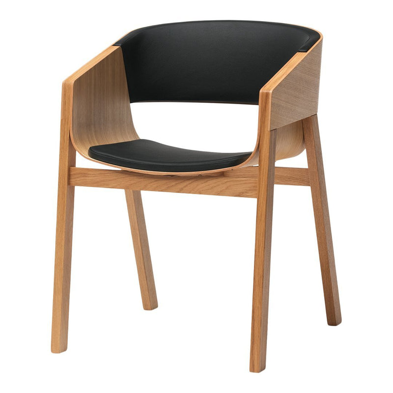 Black upholstered seat with natural wooden frame and arms, modern minimalist design showcasing sleek lines and neutral tones.