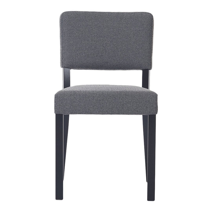 Gray upholstered chair with a simple, modern design and sleek black wooden legs. Perfect for stylish interiors.