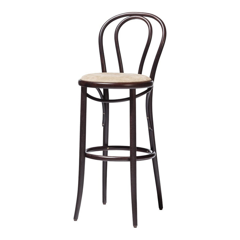 Dark brown bentwood bar stool with a light natural wood seat, featuring a classic design and smooth curves.