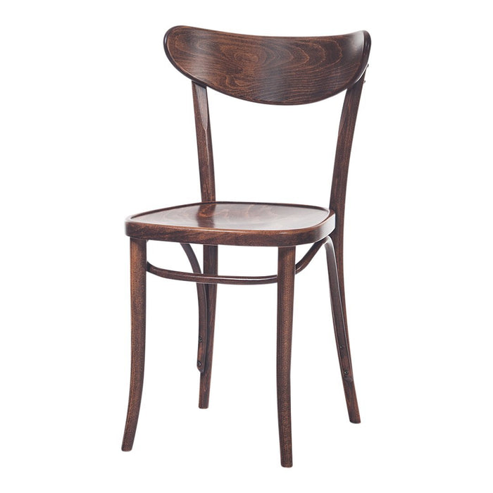 "Dark brown wooden chair with a smooth finish and curved backrest, showcasing a classic minimalist design."