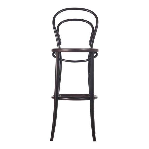 Black bentwood bar stool with sleek, minimalist design and curved backrest. Elegant and modern style for any space.
