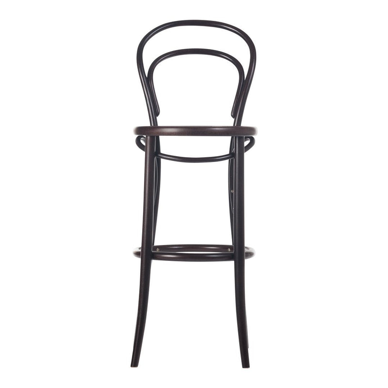 Black bentwood bar stool with sleek, minimalist design and curved backrest. Elegant and modern style for any space.