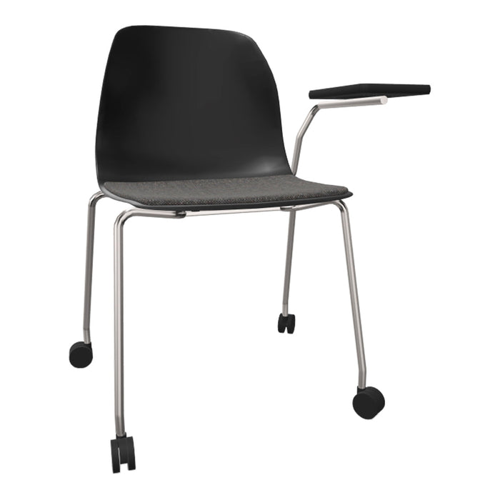 Black chair with gray fabric seat and silver metal legs, featuring a sleek, modern design and a simple pattern.