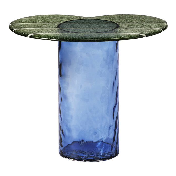 Blue glass pedestal base with a round green glass top featuring textured patterns and a smooth finish.
