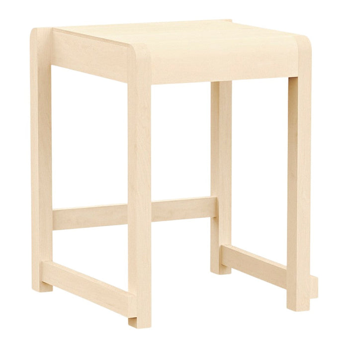 Simple wooden stool in natural cream color with minimalist design and smooth, unadorned surface. Perfect for any decor.