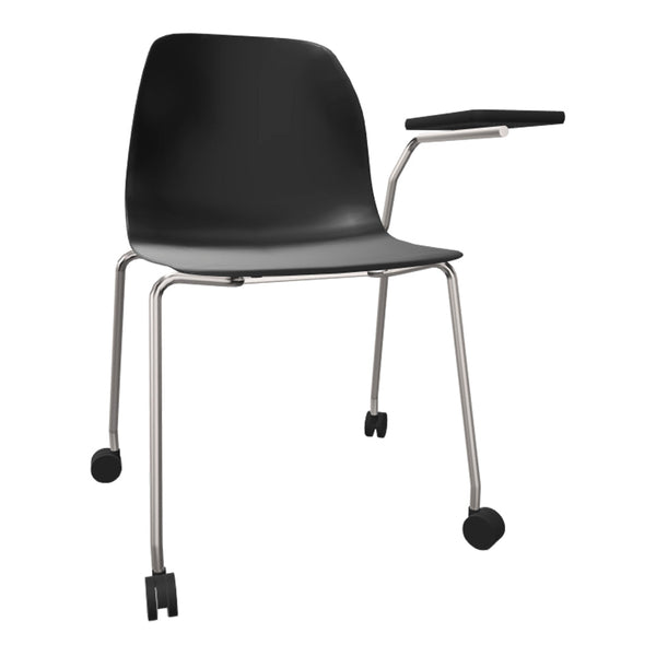 Black rolling chair with sleek, curved design and silver metal legs, featuring a small attached writing surface.