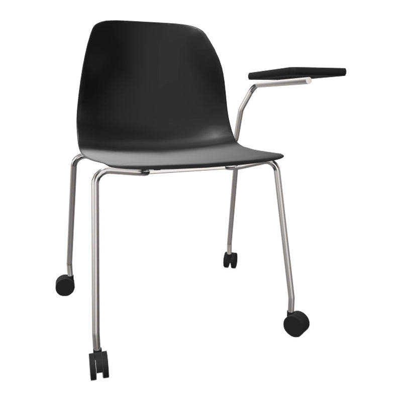 Black rolling chair with sleek, curved design and silver metal legs, featuring a small attached writing surface.