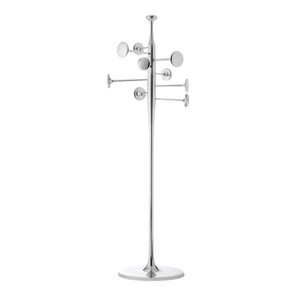 "Modern chrome coat rack with sleek cylindrical hooks and a minimalist design, reflecting a contemporary aesthetic."