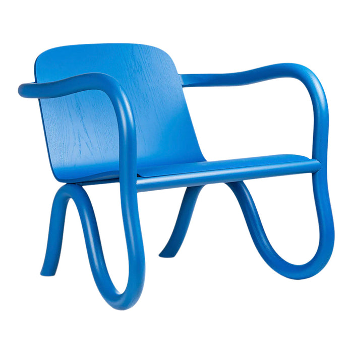Vibrant blue chair with smooth curves and a minimalist design, perfect for contemporary spaces.