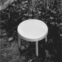 Round wooden stool in sleek white finish, set against a muted, natural backdrop of dark water and green foliage.