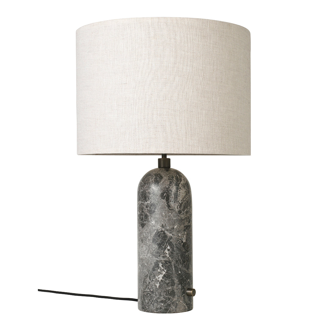 Elegant grey marble lamp base with a soft white linen shade, featuring a smooth cylindrical design and minimalist aesthetic.