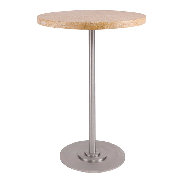 Round bar table with a natural wood top and a sleek silver metal base, showcasing a minimalistic design.