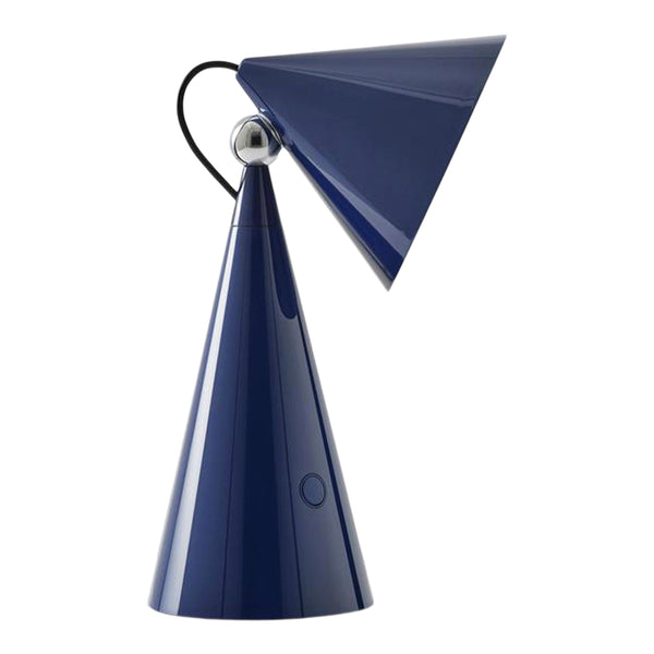 Navy blue conical lamp with a glossy finish and black accent, featuring a sleek geometric design.