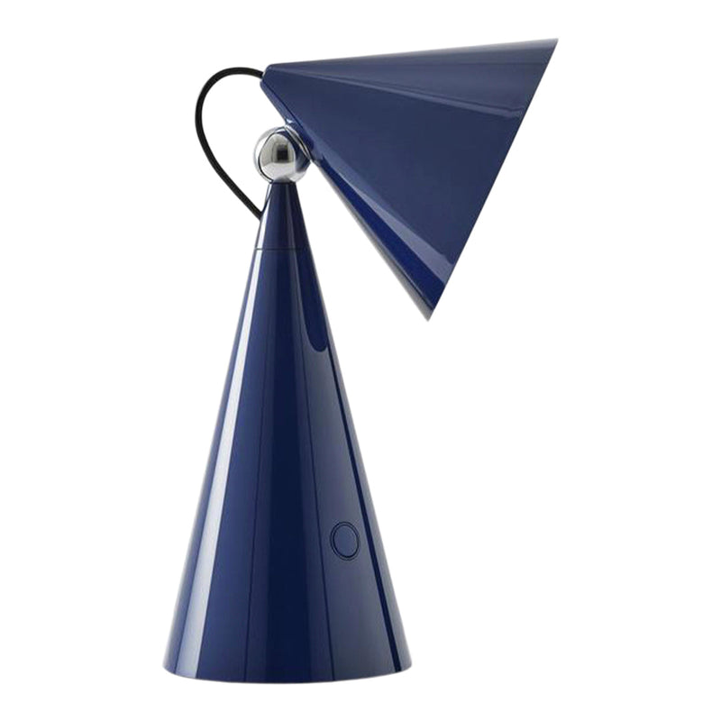 Navy blue conical lamp with a glossy finish and black accent, featuring a sleek geometric design.