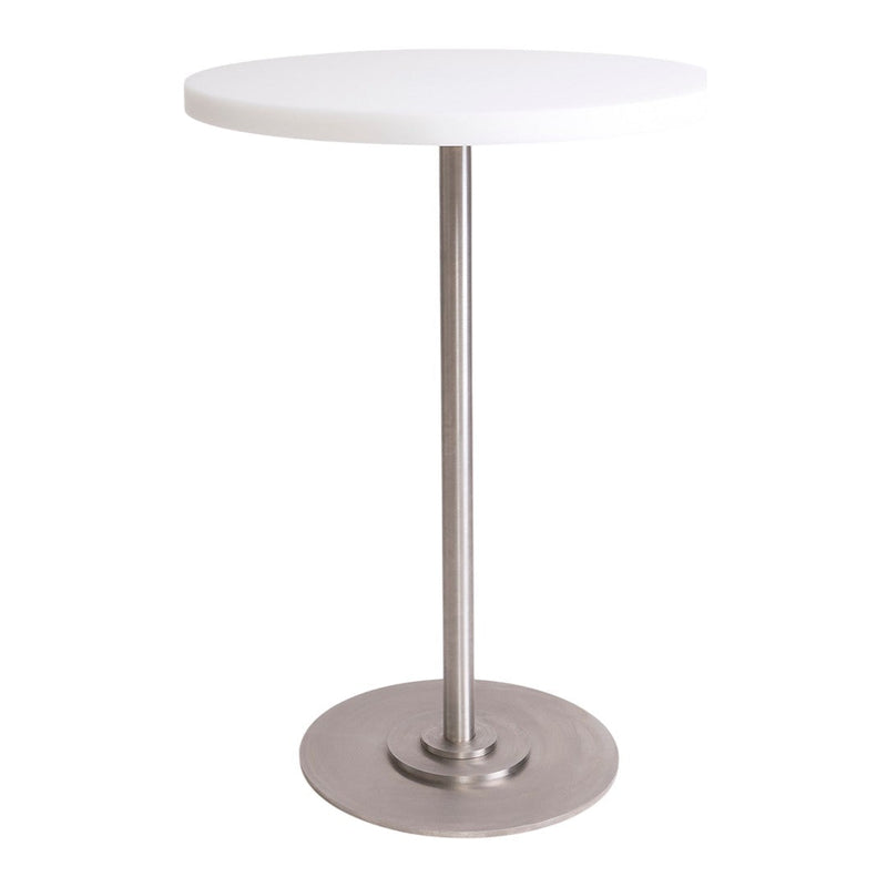 Round white tabletop with a sleek silver metal base, minimalist design, perfect for modern decor.