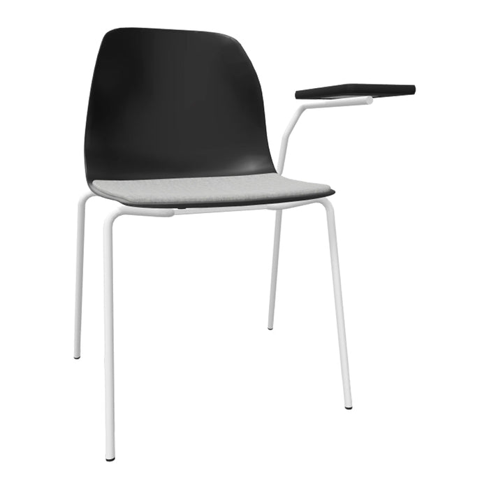 Black and gray chair with a sleek white frame and an attached armrest, featuring a modern minimalist design.